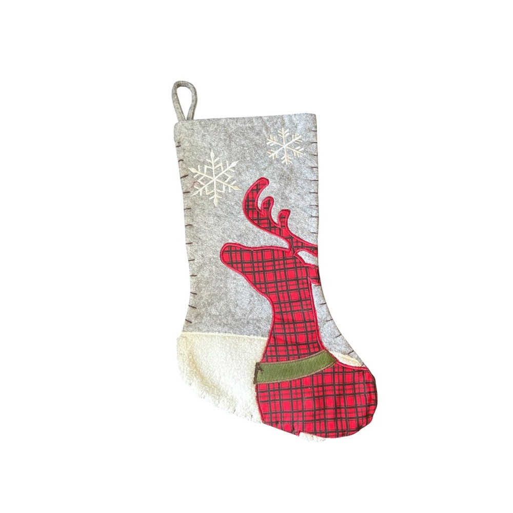 Christmas Reindeer Stocking Plaid‎ Deer Applique Gray Felt Farmhouse Holiday 18"